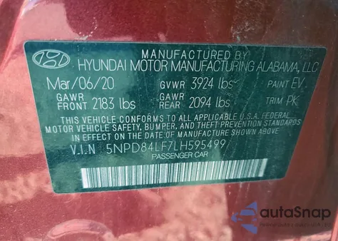 2020 Hyundai Elantra Sel из США, поврежденный, VIN 5NPD84LF7LH595499